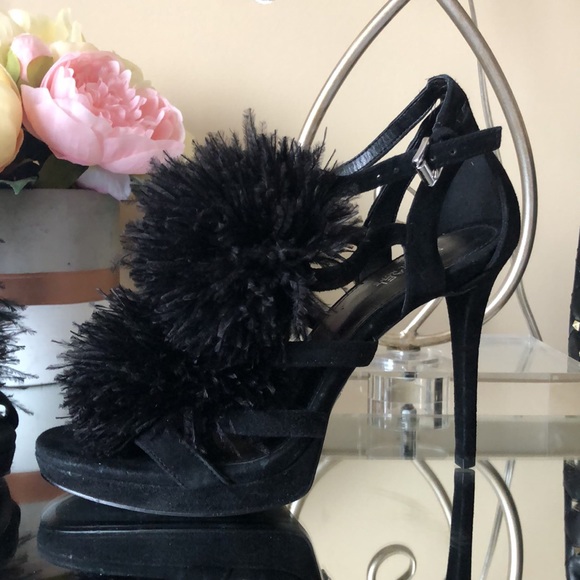 MICHAEL KORS Black Suede Feather Pom Pom Heels - Picture 1 of 15